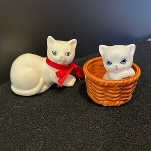 Vintage White Cat with Red Bow and White Cat in Basket Porcelain Figurines